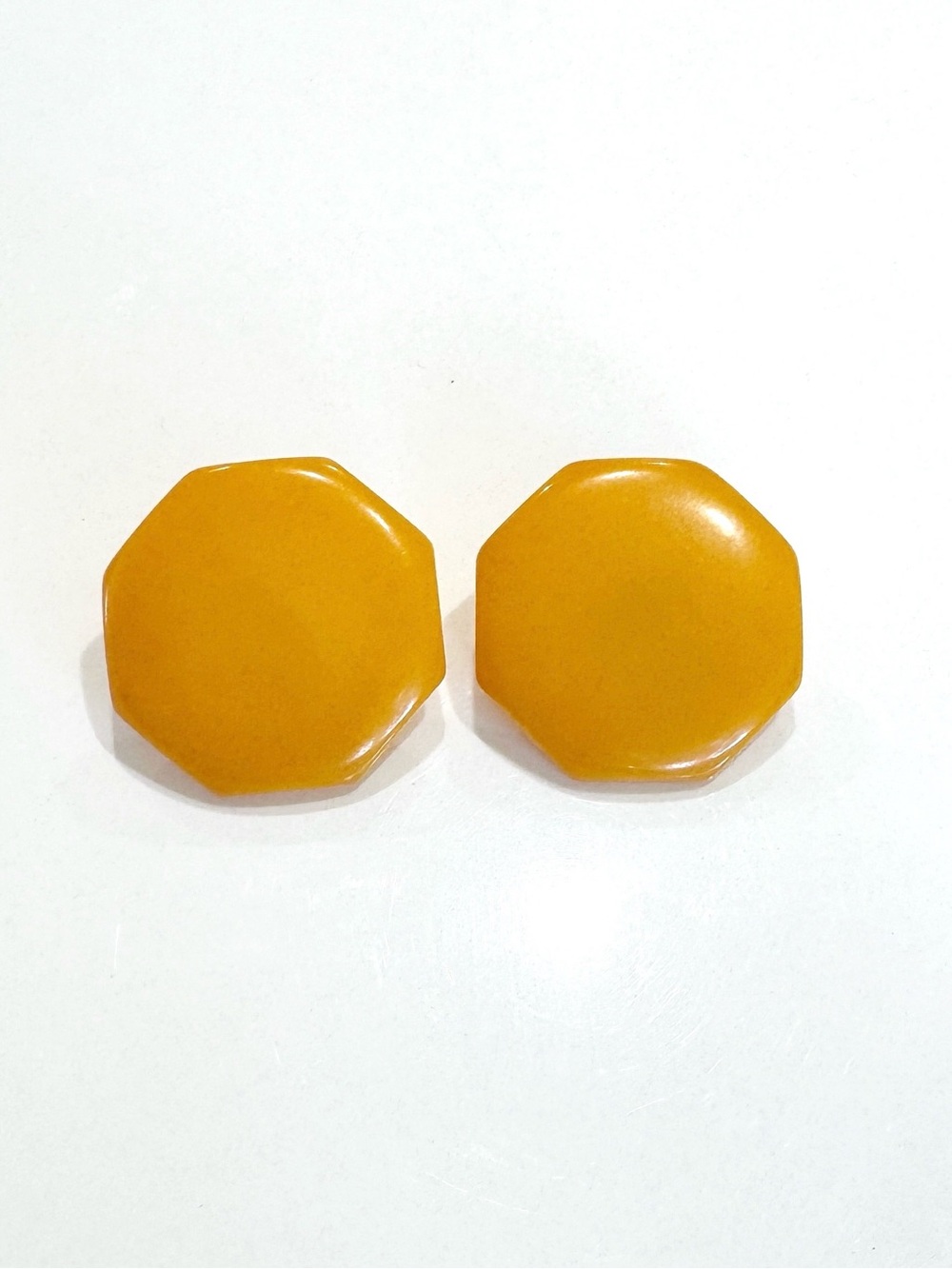 60s Vintage Butterscotch Bakelite Mustard Yellow Octagon Clip-On Earrings